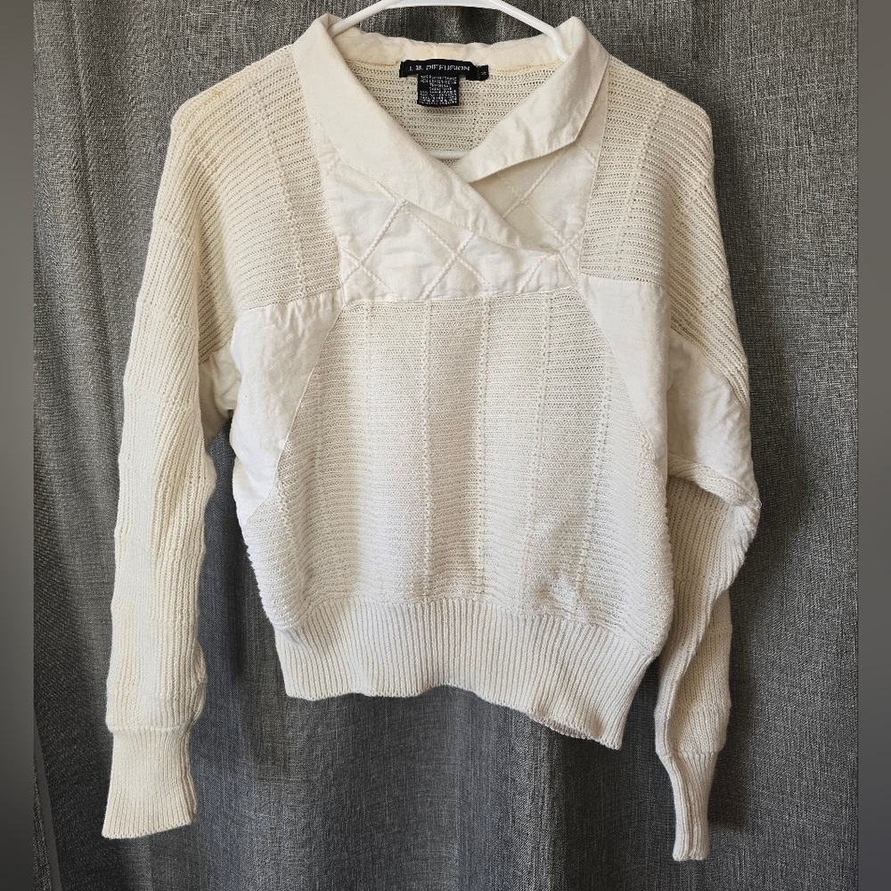 I. B. Diffusions Vintage Multi-textured V Neck Collared Sweater Ivory Size S